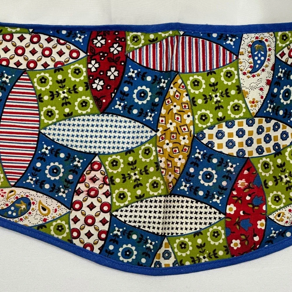 Vintage Sheer White Half‎ Apron Multi Color Geometric Patchwork Pocket Blue Trim